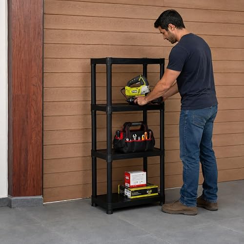 Italhome Rack de Plástico 4 Niveles, Estante Organizador Multiusos para Cocina, Garaje u Oficina, Resistente hasta 100 kg, Ahorro de Espacio, Color Negro