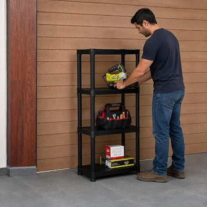 Italhome Rack de Plástico 4 Niveles, Estante Organizador Multiusos para Cocina, Garaje u Oficina, Resistente hasta 100 kg, Ahorro de Espacio, Color Negro