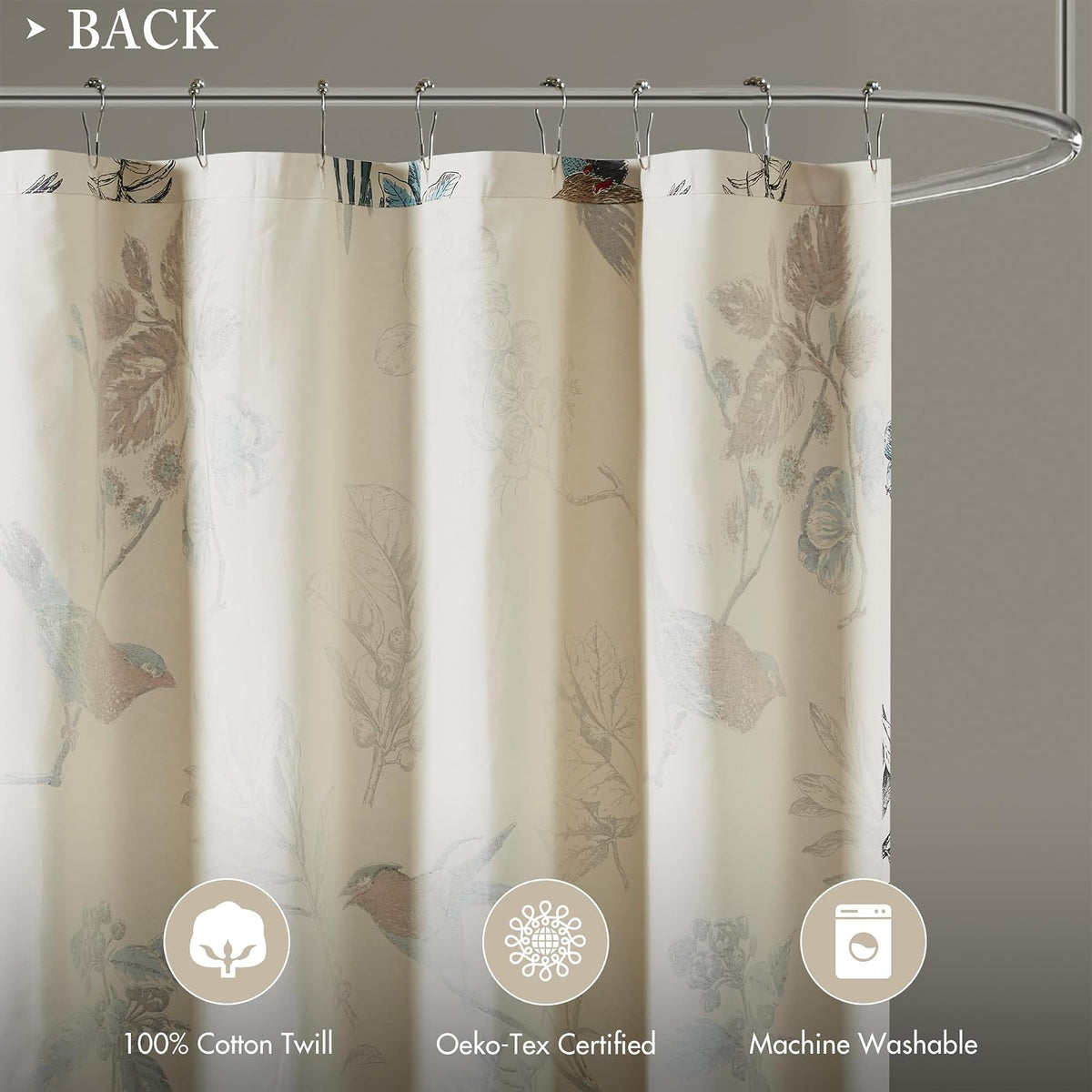 Madison Park - Cortina de ducha con estampado de pájaros y hojas, cortina de ducha para baño, decoración moderna de campo, lavable a máquina, cortina de ducha de algodón, membrillo, 72 x 72 pulgadas,