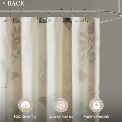Madison Park - Cortina de ducha con estampado de pájaros y hojas, cortina de ducha para baño, decoración moderna de campo, lavable a máquina, cortina de ducha de algodón, membrillo, 72 x 72 pulgadas,