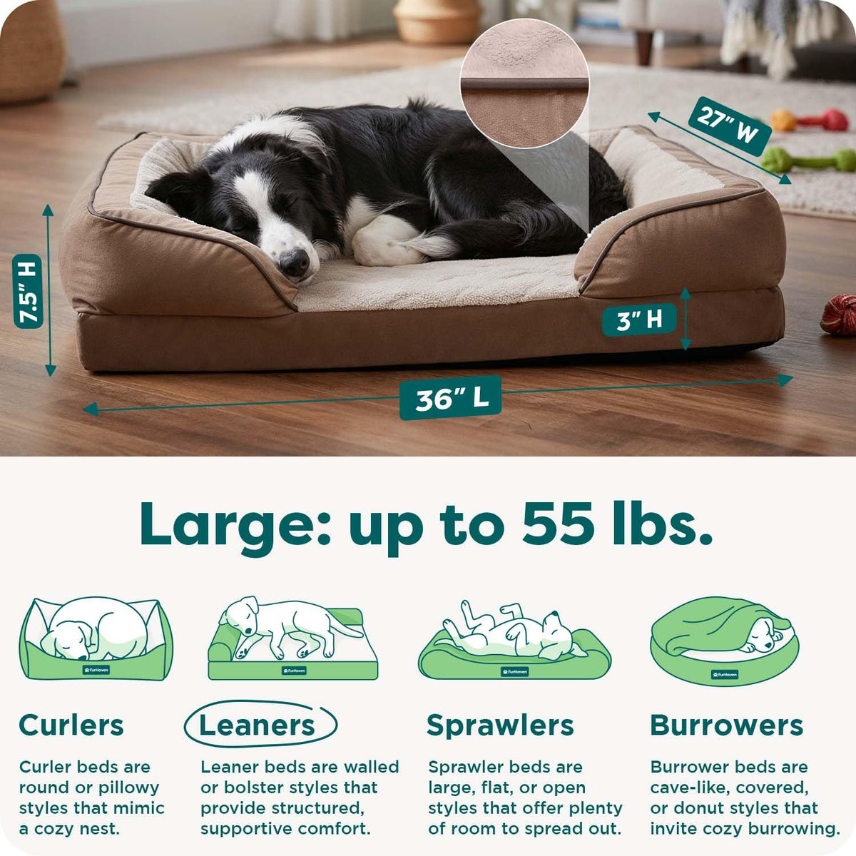 Furhaven Large Memory Foam Dog Bed Perfect Comfort Plush & Velvet Waves Sofa-Style w/Removable Washable Cover - , Large