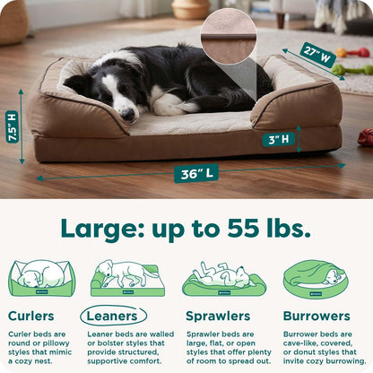 Furhaven Large Memory Foam Dog Bed Perfect Comfort Plush & Velvet Waves Sofa-Style w/Removable Washable Cover - , Large