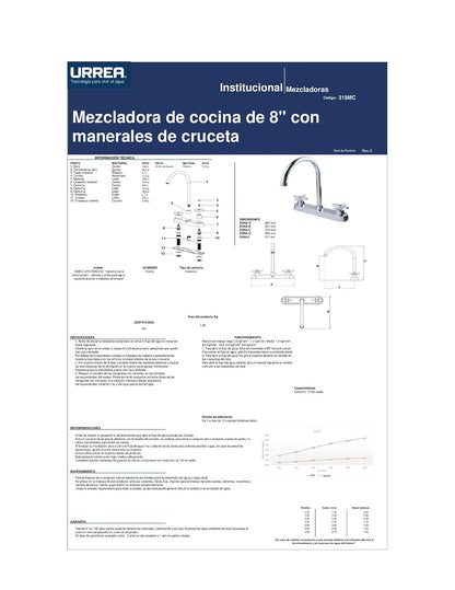 Urrea Mezcladora de 8" con Manerales de Cruceta, Acabado Cromo, 318MC