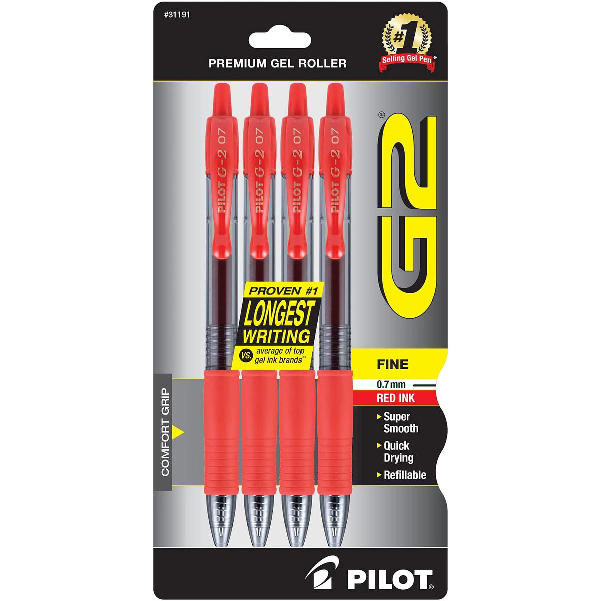 Pilot G2 Bolígrafos de Gel Recargables Punta Fina 0.7 mm - Rojo - Recargable