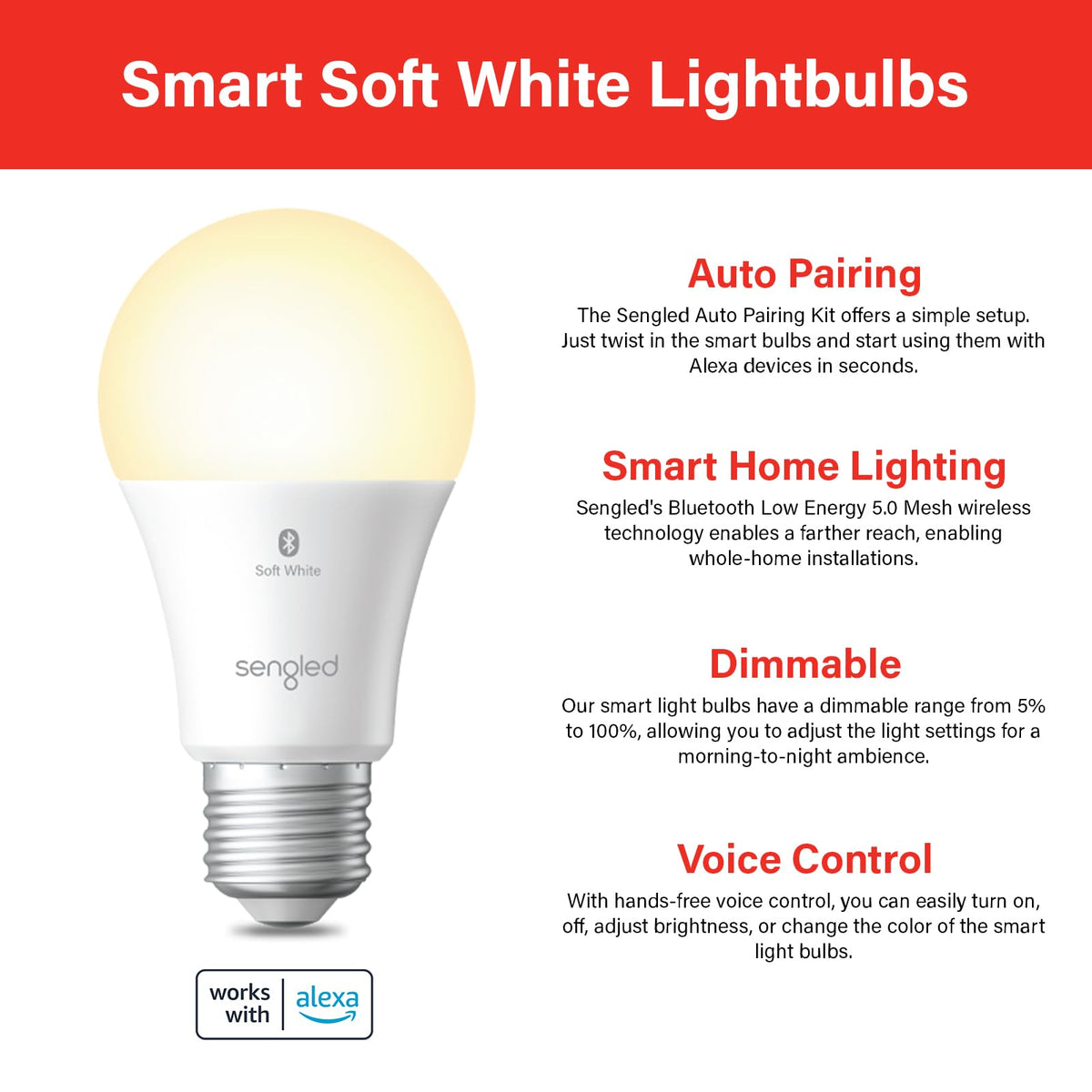 Sengled Smart LED Light Bulb, Compatible con Alexa, 800LM, Blanco suave 2700K, 8.7W (60W Equivalente), 1 Paquete - Actualización desde el dispositivo