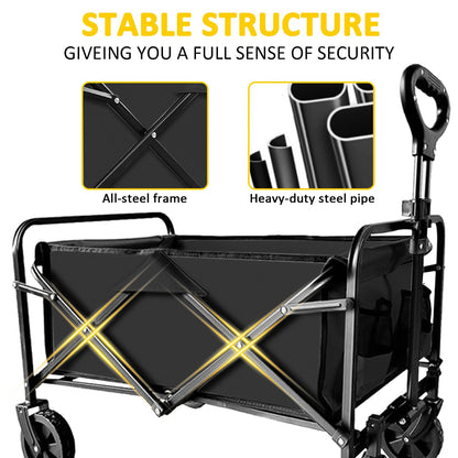Carro Plegable Plegable con Ruedas Todo Terreno, Carro Resistente al Aire última intervensión con asa Ajustable, Carrito de Gran Capacidad para Camping, Playa, Deportes y Compras, Color Negro