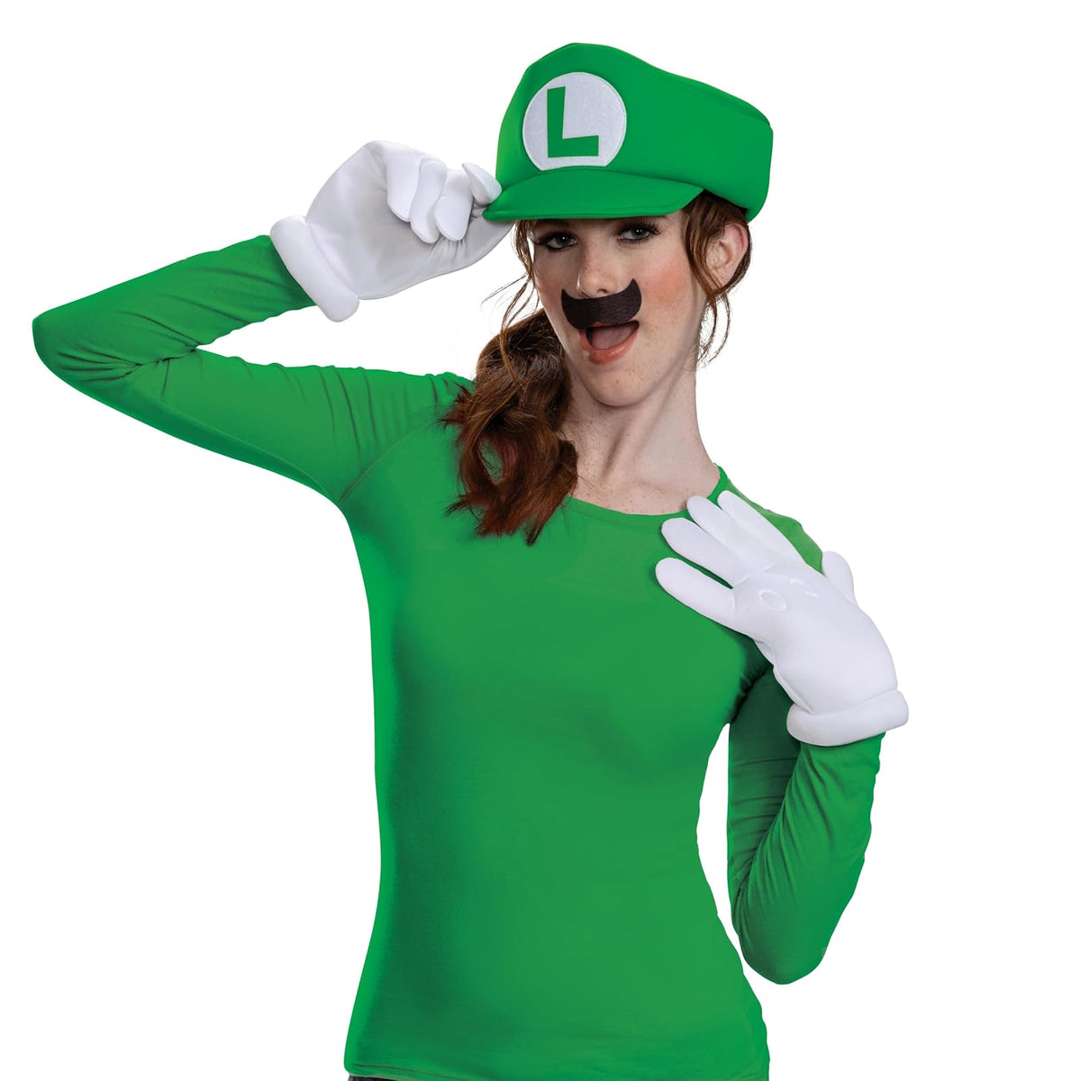 Disguise Luigi - Kit de disfraz oficial de Nintendo Super Mario Halloween accesorios incluyendo sombrero con bigote y guantes, tamaño adulto