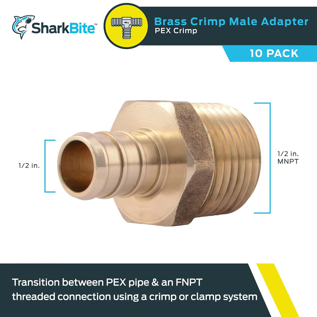 SharkBite Adaptador macho MNPT de 1/2 pulgada, paquete de 10, ajuste de fontanería de latón, tubo PEX, cobre, UC120LFA10