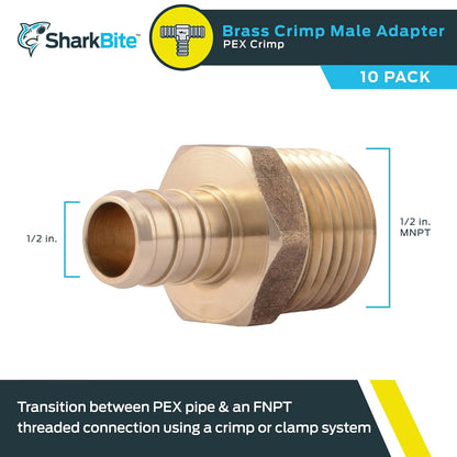 SharkBite Adaptador macho MNPT de 1/2 pulgada, paquete de 10, ajuste de fontanería de latón, tubo PEX, cobre, UC120LFA10