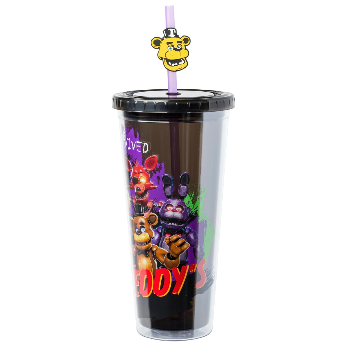 Silver Buffalo Five Nights at Freddy's - Taza fría de plástico con tapa y popote con Freddy Fazbear, Foxy, Chica y Bonnie, 24 onzas