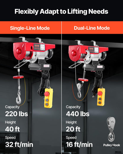 VEVOR - Polipasto eléctrico de 420 libras y 120 V con control remoto inalámbrico de 333 pies y cable de 15 pies, altura de elevación de un solo cable de 40 pies, eslingas individuales/dobles,
