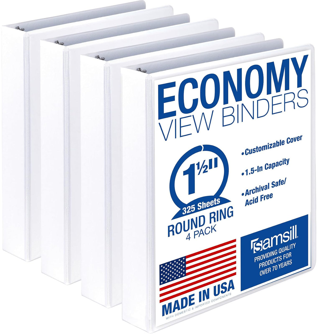 Samsill Carpeta de 3 anillas de 1.5 pulgadas, fabricada en Estados Unidos, anillo redondo económico, cubierta de visión transparente, capacidad de 325 hojas, para escuela, hogar, oficina, negro, - Blanco - 4 paquetes - 1.5 pulgadas