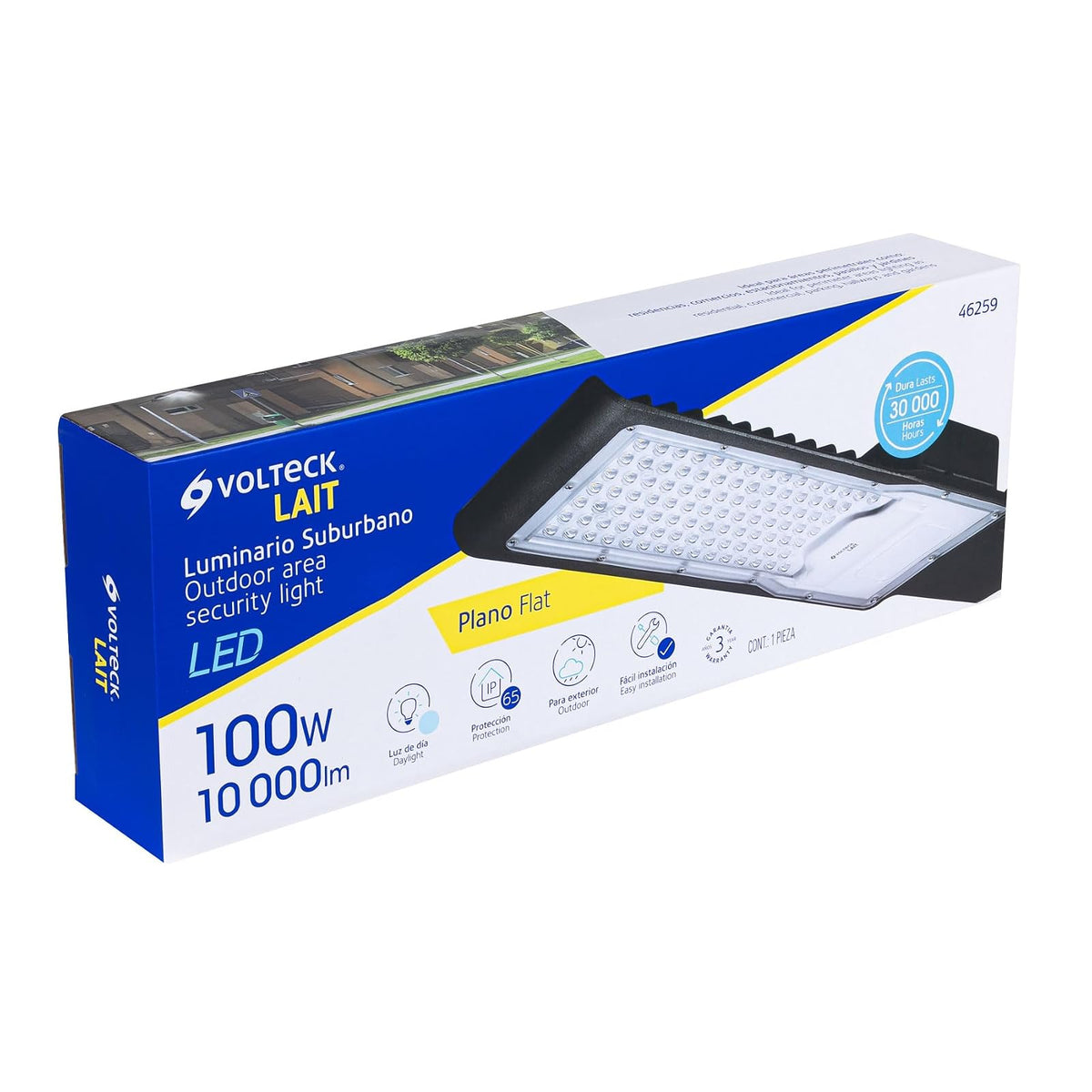 Volteck SUB-841L, Luminario suburbano plano LED 100 W alta intensidad, cuerpo de aluminio, luz blanca fría 6500K, IP 65, color negro