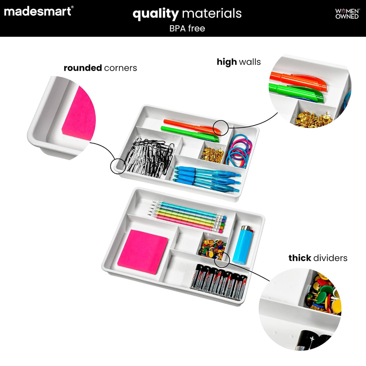 Madesmart Juego de 2 Bandejas Organizadoras de Plástico | Blanco, 12 compartimentos, multiusos, para cajones