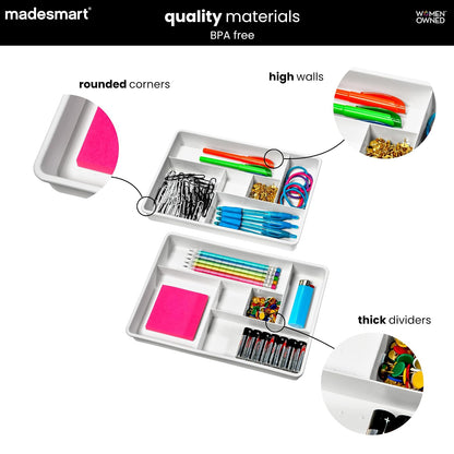 Madesmart Juego de 2 Bandejas Organizadoras de Plástico | Blanco, 12 compartimentos, multiusos, para cajones