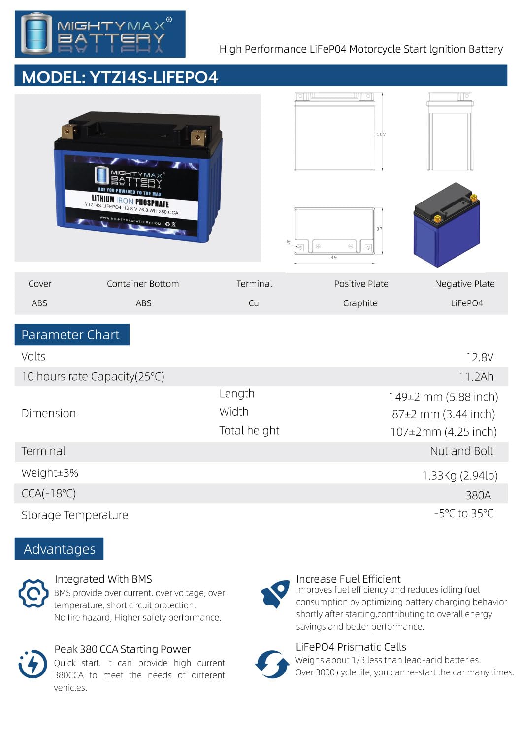 Mighty Max Battery YTZ14S-LIFEPO4 Batería LiFePO4 12 V 11.2 Ah 380 CCA de Fosfato de Hierro y Litio