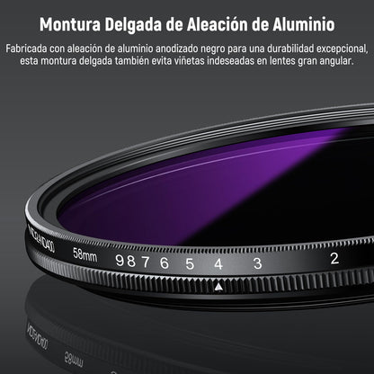 NEEWER 58 mm ND2-400 Filtro ND Variable (1-9 Pasos) con 3 Paños Limpieza, Filtro Densidad Neutra Variable Giratorio Ajustable para Lentes Cámara Vidrio Optico Multicapa para Equilibrar Exposición