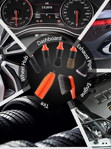 SPTA - Juego de 8 cepillos para Ruedas y neumáticos para Detalles de Automóvil, Cepillo para Polvo de Rueda y llanta, 5 cepillos para detallar, Cepillo para Polvo de Limpieza de Mango Corto, 1 paño de