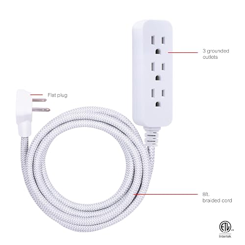 GE Pro Tira Multicontactos De 3 Salidas con Supresor de Picos, Enchufe Plano, Cable De Extensión Trenzado De 2.4 m (8 Pies) 250 Julios, Conectado a Tierra Certificacion UL, Blanco/Gris, 1 Unidad 38433