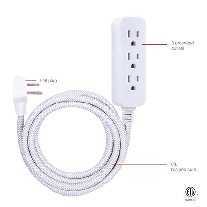 GE Pro Tira Multicontactos De 3 Salidas con Supresor de Picos, Enchufe Plano, Cable De Extensión Trenzado De 2.4 m (8 Pies) 250 Julios, Conectado a Tierra Certificacion UL, Blanco/Gris, 1 Unidad 38433
