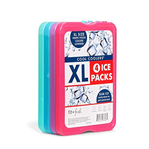 Fit + Fresh XL Cool Coolers - Paquete de hielo delgado para fiambrera, enfriadores, bolsas de playa y cestas de picnic, multicolor, paquete de 4, extragrande