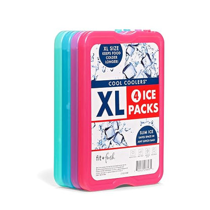 Fit + Fresh XL Cool Coolers - Paquete de hielo delgado para fiambrera, enfriadores, bolsas de playa y cestas de picnic, multicolor, paquete de 4, extragrande