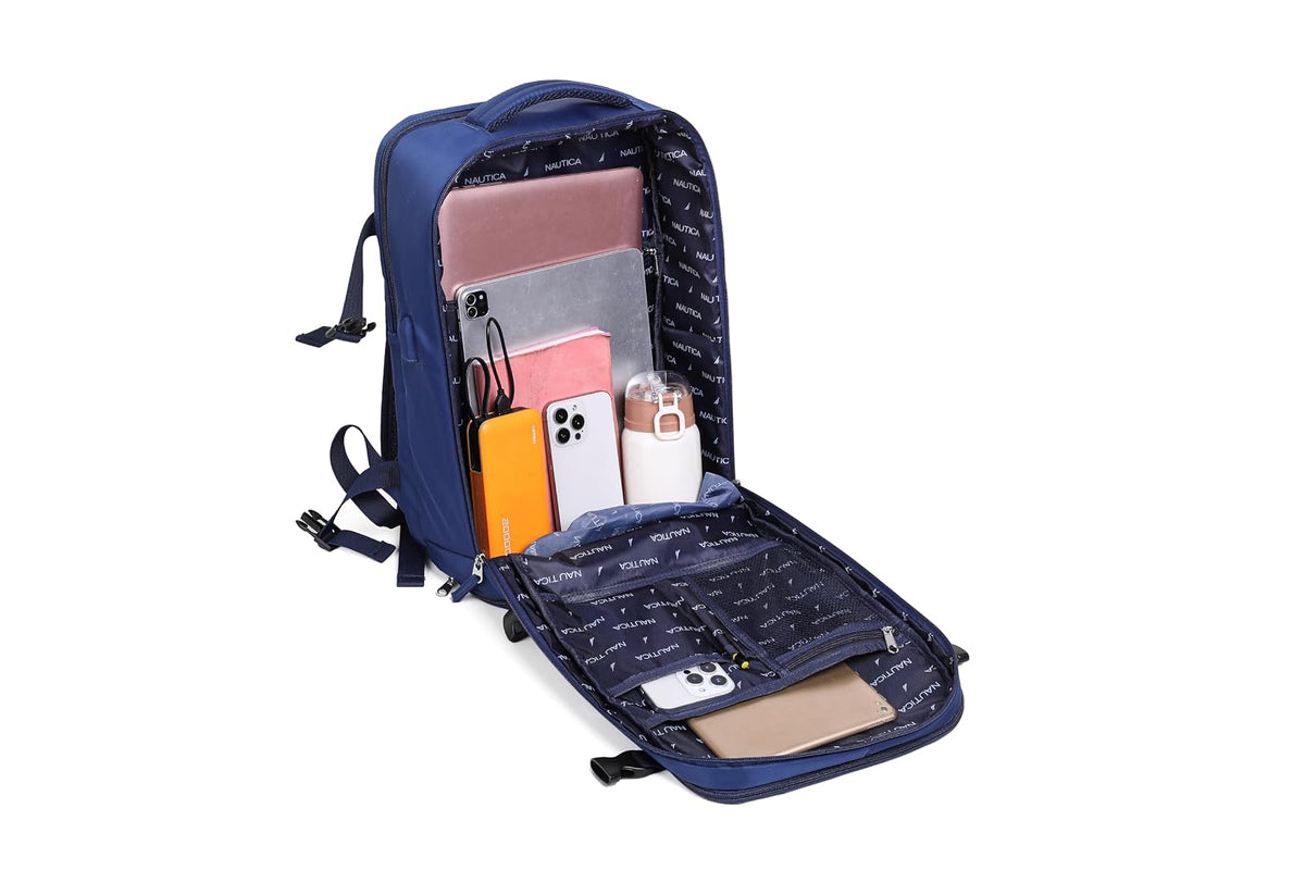Nautica - Mochila de Viaje 10 kg, Mochila para Laptop 17", Unisex Cómoda y Resistente con Puerto de Carga, Sección Impermeable y para Zapatos, Antirrobo.