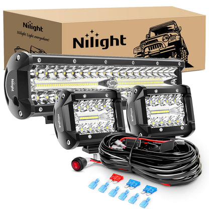 Nilight Juego de Barras de luz LED, 300 W, 300 W, Triple Fila, Foco de inundación, 2 Piezas de 4 Pulgadas 60 W de Triple Fila LED con arnés de cableado para iluminación Todoterreno ATV Barco