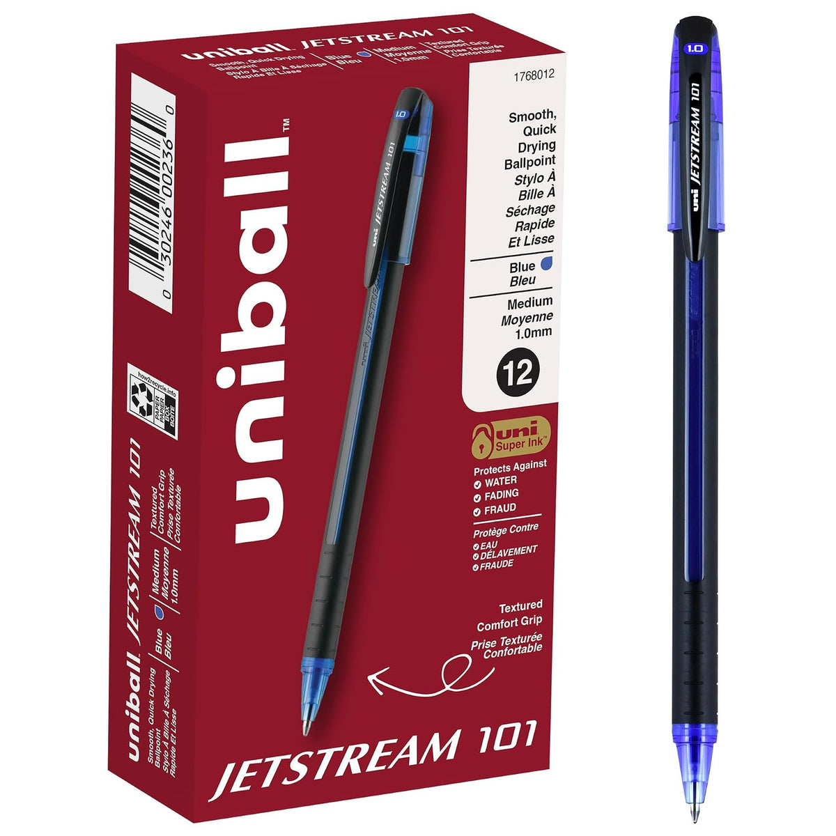 Uni-Ball Jetstream 101 Ball Point Pens, Bold Point, Blue Ink, 12 Pack