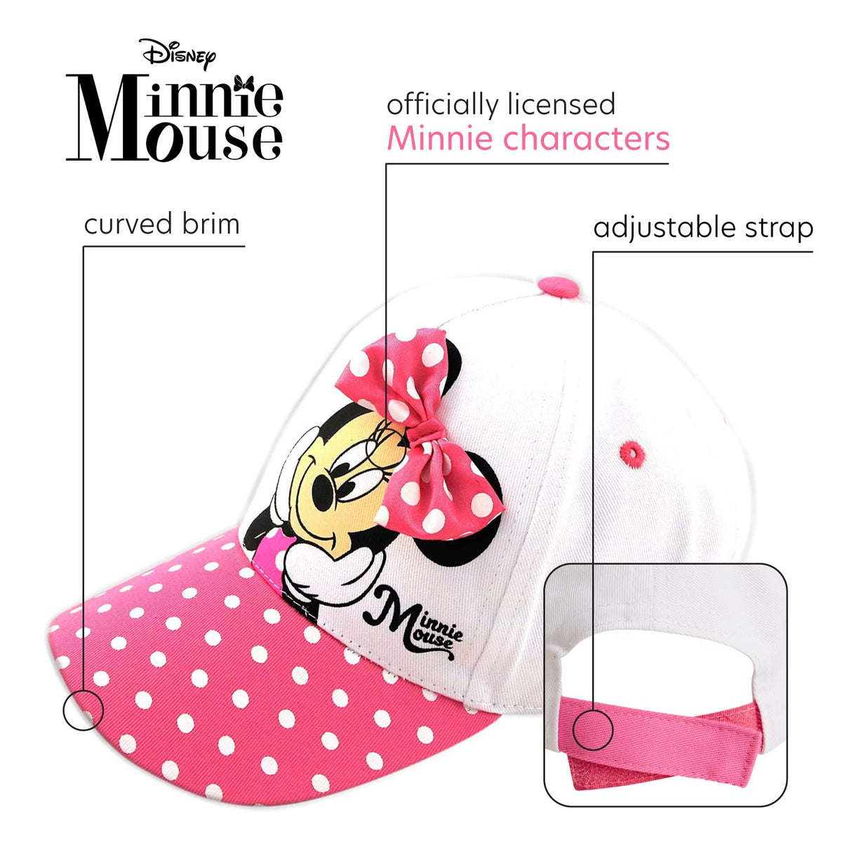Disney - Gorra de béisbol de Minnie Mouse para niñas, diseño de Lazo 3D con ala Curvada y Correa Trasera (4-7)