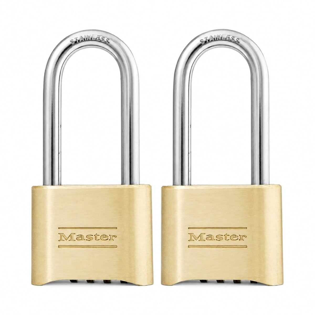 Master Lock Candado Combinado de Bloqueo Maestro, Interior y Exterior, Combinación de Cuatro Dígitos, Acabado de Latón, 2 Unidades, 175LHEC2