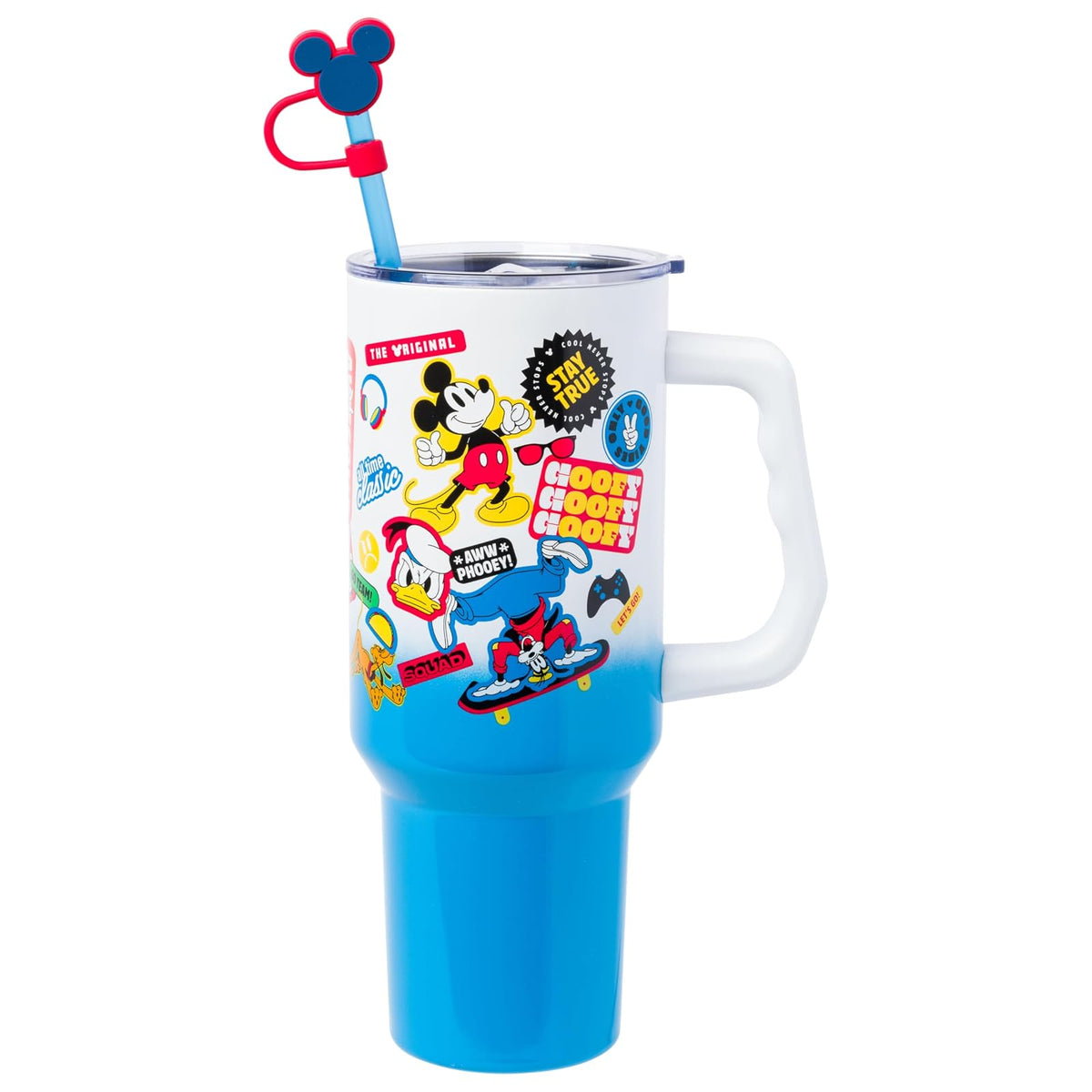 Silver Buffalo Disney Mickey y sus amigos con pato Daisy Duck, Donald Duck, Goofy, Pluto, Minnie Calcomanías de acero inoxidable con mango y popote, se adapta a portavasos estándar, 40 onzas