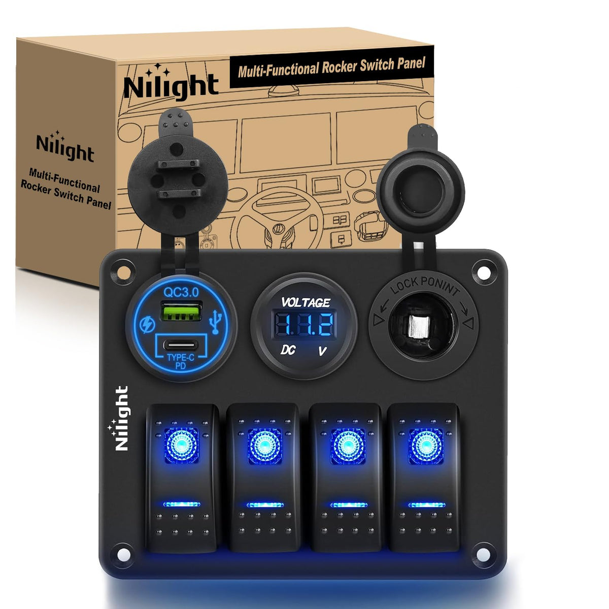 Nilight 90450B Panel de Interruptor de 4 Bandas Impermeable de Aluminio con PD Tipo C y USB, 12V/24V
