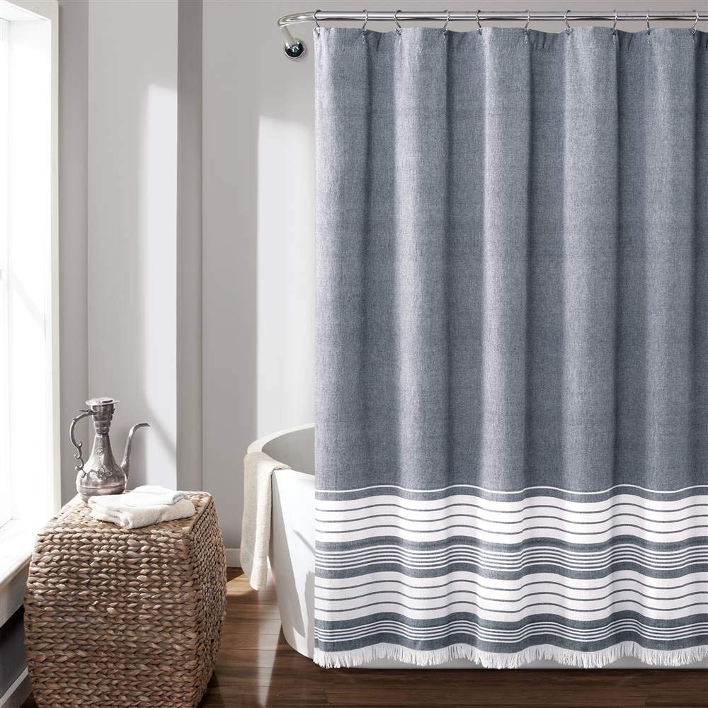 Lush Decor, Navy Nantucket - Cortina de Ducha con Flecos de algodón teñido, 72 x 72 Pulgadas, 72 x 72 Pulgadas