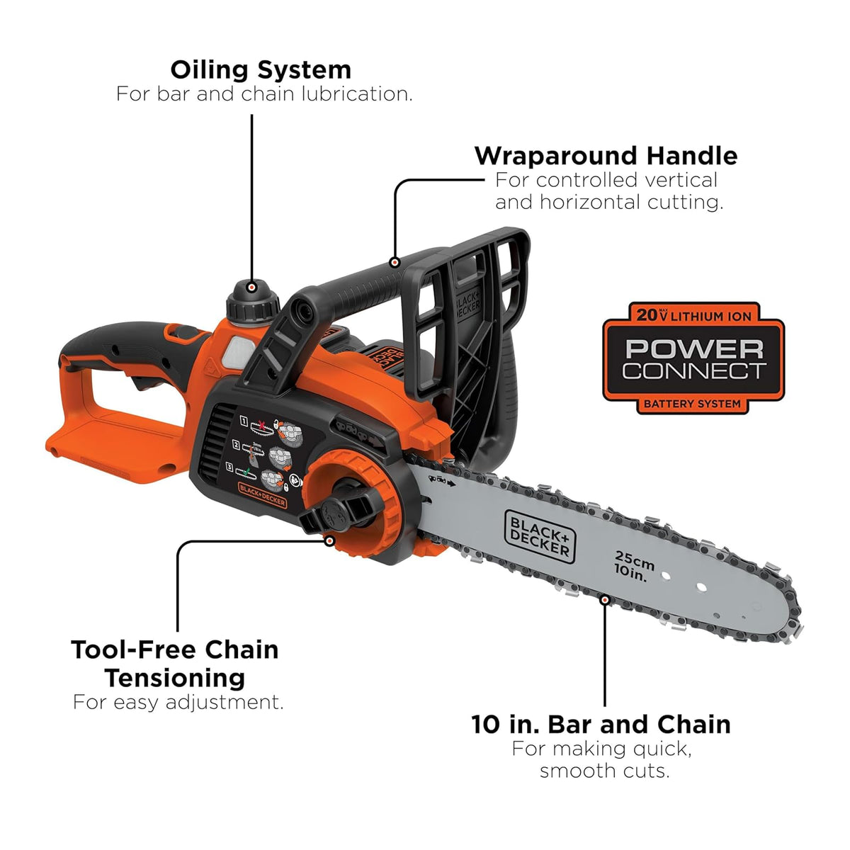 BLACK+DECKER - Motosierra eléctrica de 20 V MAX, motosierra inalámbrica de 10 pulgadas con batería y cargador incluidos, engrasador automático, sierras de cadena de baja potencia (LCS1020)