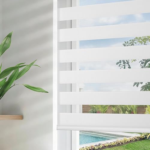 Joydeco - Mini persianas de cebra inalámbricas para ventanas, color blanco transparente filtrando la luz de privacidad de doble capa para puerta corredera de vidrio de recámara, 35 pulgadas de ancho x 75 pulgadas de alto