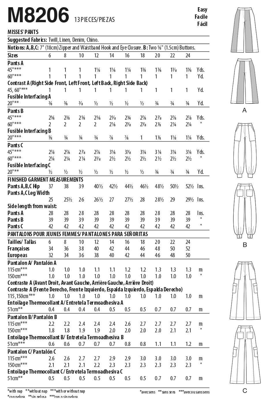 McCall's Misses - Kit de patrones de costura para pantalones cargo (código M8206), tallas 6-8-10-12-14, multicolor