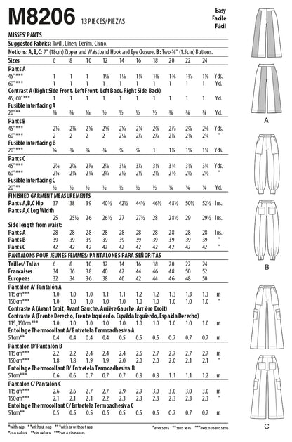 McCall's Misses - Kit de patrones de costura para pantalones cargo (código M8206), tallas 6-8-10-12-14, multicolor