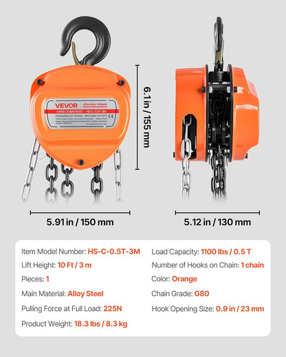 VEVOR Polipasto de Cadena Manual, Polipasto de Polea Resistente con Cadena Galvanizada G80 Mejorada, Altura de Elevación de 3 m Carga de 0,5 T para Garaje, Almacén y Maquinaria Automotriz, Naranja