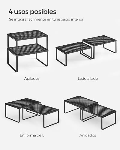 SONGMICS Especiero, Estante para Especias, Organizador para Armarios, Apilable, Ampliable, Juego de 2 Estantes Metálicos, Negro Tinta MKCS001B01