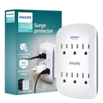 Philips SPP3461WA/37 - Protector de sobretensiones Extensor de 6 Tomas, Llave de Pared, 900 Julios, 3 Puntas, diseño de Ahorro de Espacio, luz LED indicadora de protección, listado ETL, Color Blanco