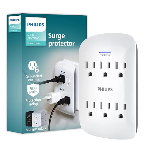 Philips SPP3461WA/37 - Protector de sobretensiones Extensor de 6 Tomas, Llave de Pared, 900 Julios, 3 Puntas, diseño de Ahorro de Espacio, luz LED indicadora de protección, listado ETL, Color Blanco