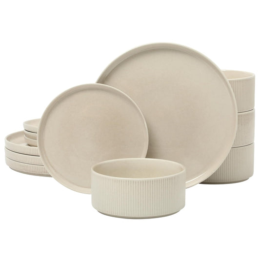 Gibson Elite Solana Coast - Juego de vajilla reactiva de gres de 12 piezas (servicio para 4) platos y cuencos de cerámica de forma moderna en relieve, color blanco crema