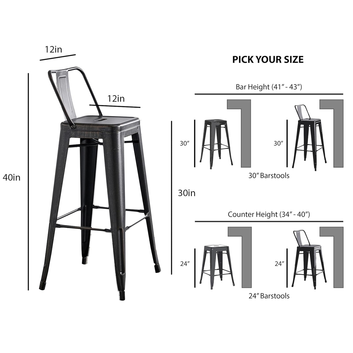 AC Pacific - Taburetes de Bar industriales Modernos de Metal con Elegante Respaldo bajo, Acabado Mate y Tapas de Goma para Patas de Cocina, Juego de 2, Asiento contemporáneo de encimera de 30