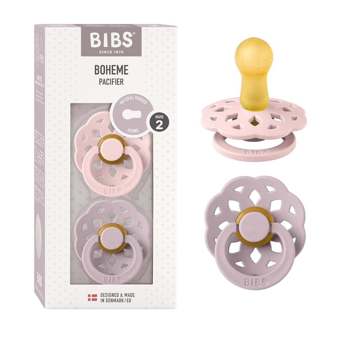 BIBS Boheme Chupón de Látex para Bebé, 6-18 Meses, 2 Piezas - Blossom - Dusky Lilac - 6-18 Months