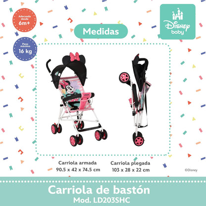 INFANTI | Carriola de Bastón Disney | Edición Minnie | Diseño Ligero y Compacto | Plegado Fácil y Correa de Transporte | Para Bebés de 6 Meses a 16 kg | Arnés de 3 Puntos | Color Rosa