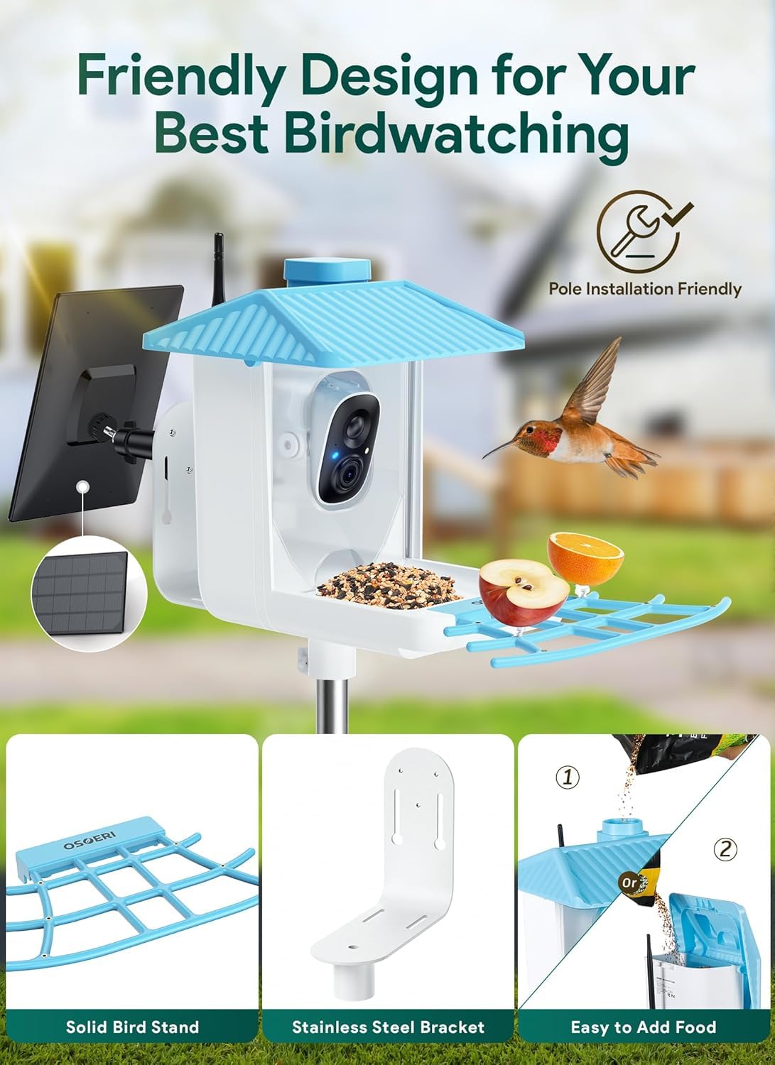 Osoeri - Alimentador Inteligente para pájaros con cámara, cámara de observación de Aves Silvestres HD de 1080P, Captura automática de Videos de Aves y detección de Movimiento