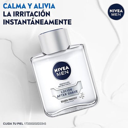 NIVEA MEN Loción Aftershave Silver Protect (100ml) Antibacterial con Iones de Plata Después Afeitado con Manzanilla y Pro Vitamina B5