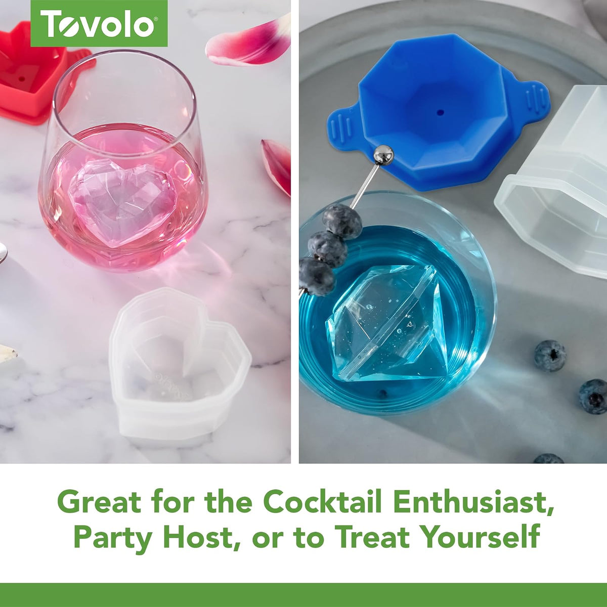 Tovolo - Juego de 4 moldes de hielo para celebración, 2 moldes de hielo grandes en forma de corazón y 2 diamantes para whisky, bourbon, cócteles y más, cubitos de hielo de fusión lenta, almacenamiento