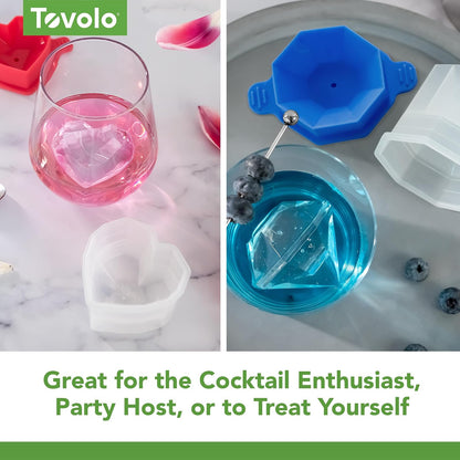 Tovolo - Juego de 4 moldes de hielo para celebración, 2 moldes de hielo grandes en forma de corazón y 2 diamantes para whisky, bourbon, cócteles y más, cubitos de hielo de fusión lenta, almacenamiento